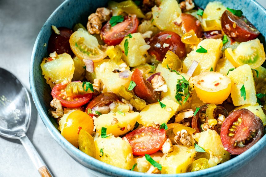 Bulvių ir pomidorų salotos su medaus ir garstyčių padažu