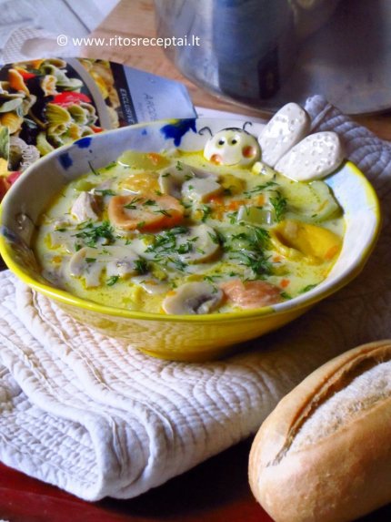 Tiršta vištienos sriuba su sūriu ir pievagrybiais