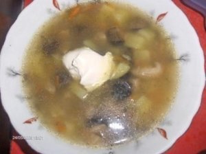 Kazlėkų sriuba su mėsos gabaliukais